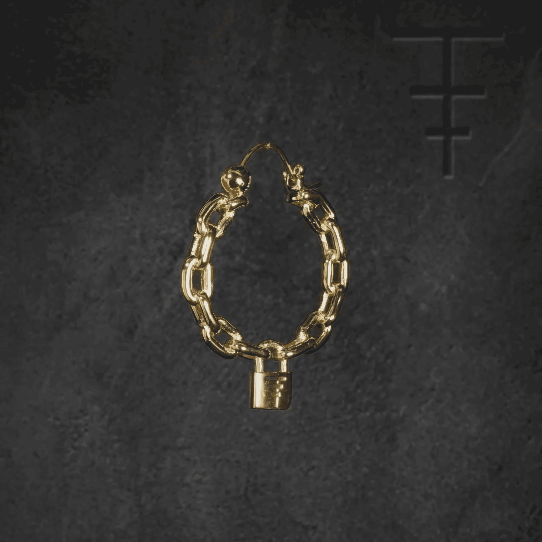 Small hoop earrings with chain-link design and dangling lock with Tawapa sigil
