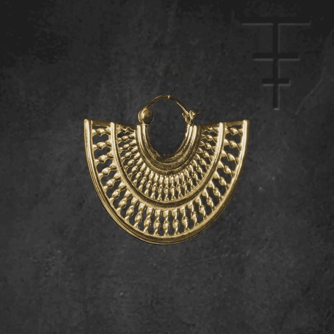 Half-circle hoop earrings with bold radiating lines and shimmering texture