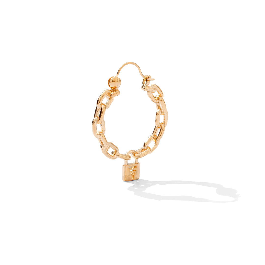 90s-inspired small earring hoops with bold chain links and dangling lock with Tawapa sigil cutout.