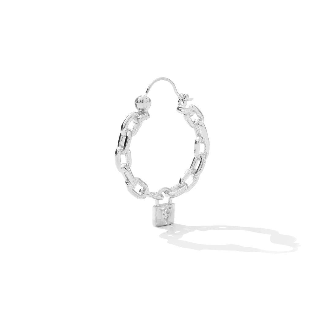 Small earring hoops with bold chain-link design and dangling lock featuring Tawapa sigil cutout, perfect for a rebellious style