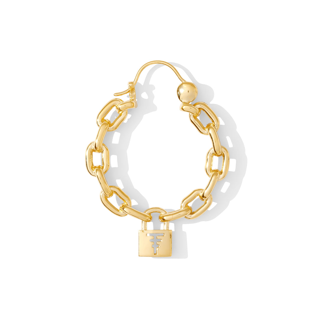 Bold '90s-style earring hoops with chain-link detail and lock featuring Tawapa sigil cutout, made for those who embrace individuality.