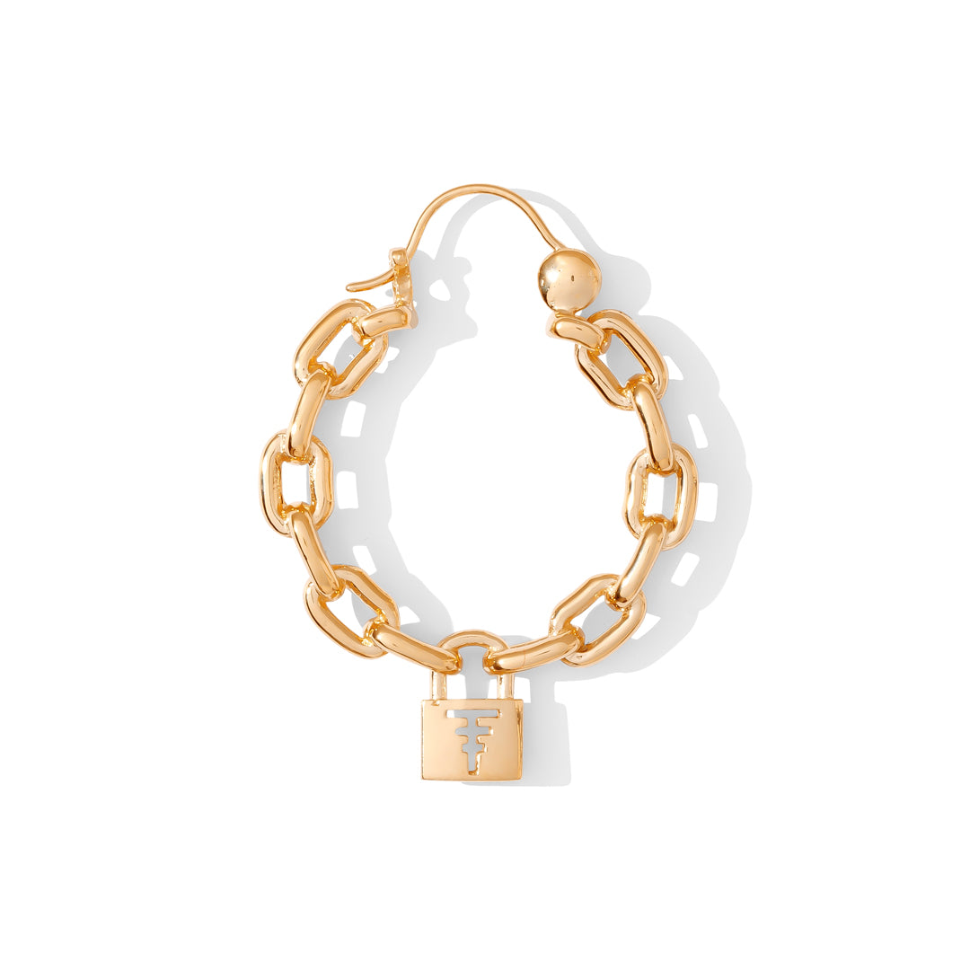 Small, bold earring hoops with chain-link design and dangling lock featuring Tawapa sigil cutout, a fearless '90s-inspired style.