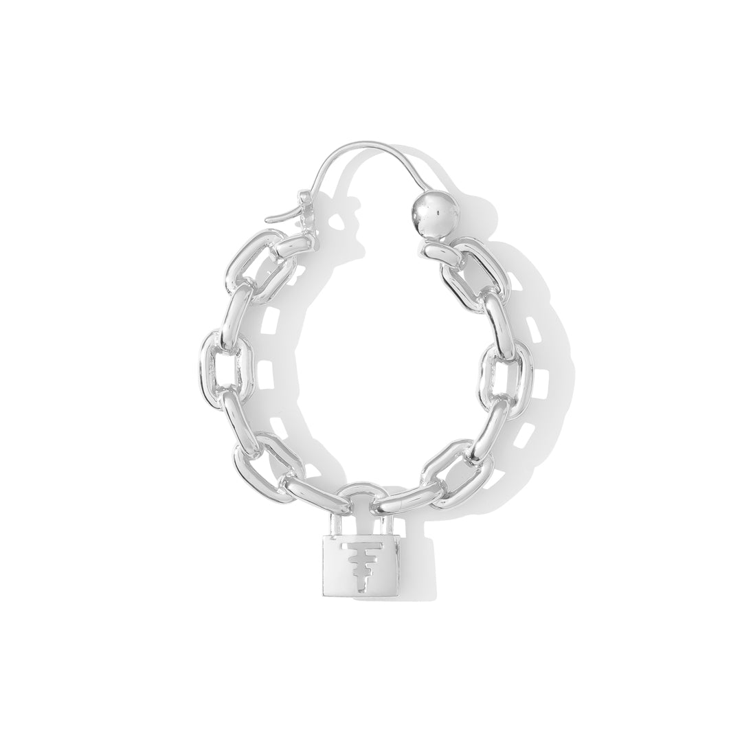 Small yet bold '90s earring hoops featuring chain-link detailing and a lock with Tawapa sigil cutout, designed for those with an edge.