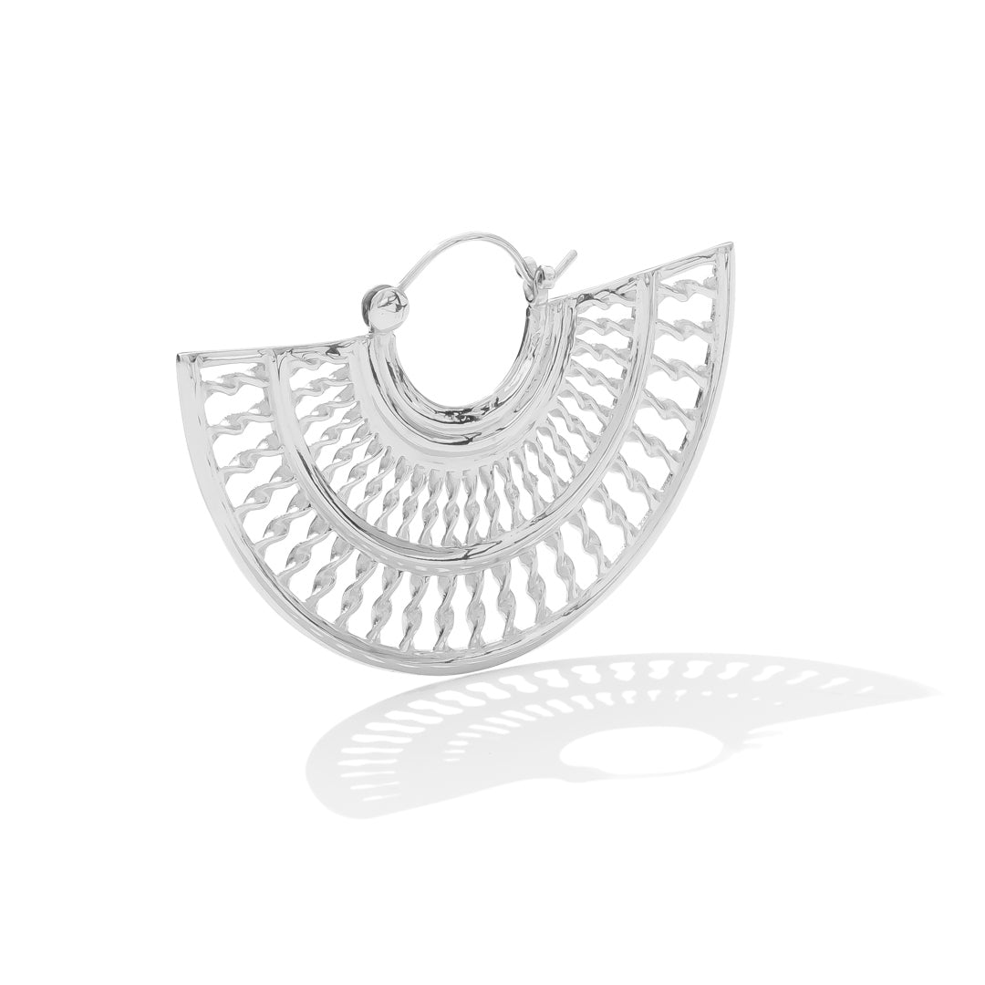 Half-circle hoop earrings with bold radiating lines, handcrafted in brass with sterling silver clasp