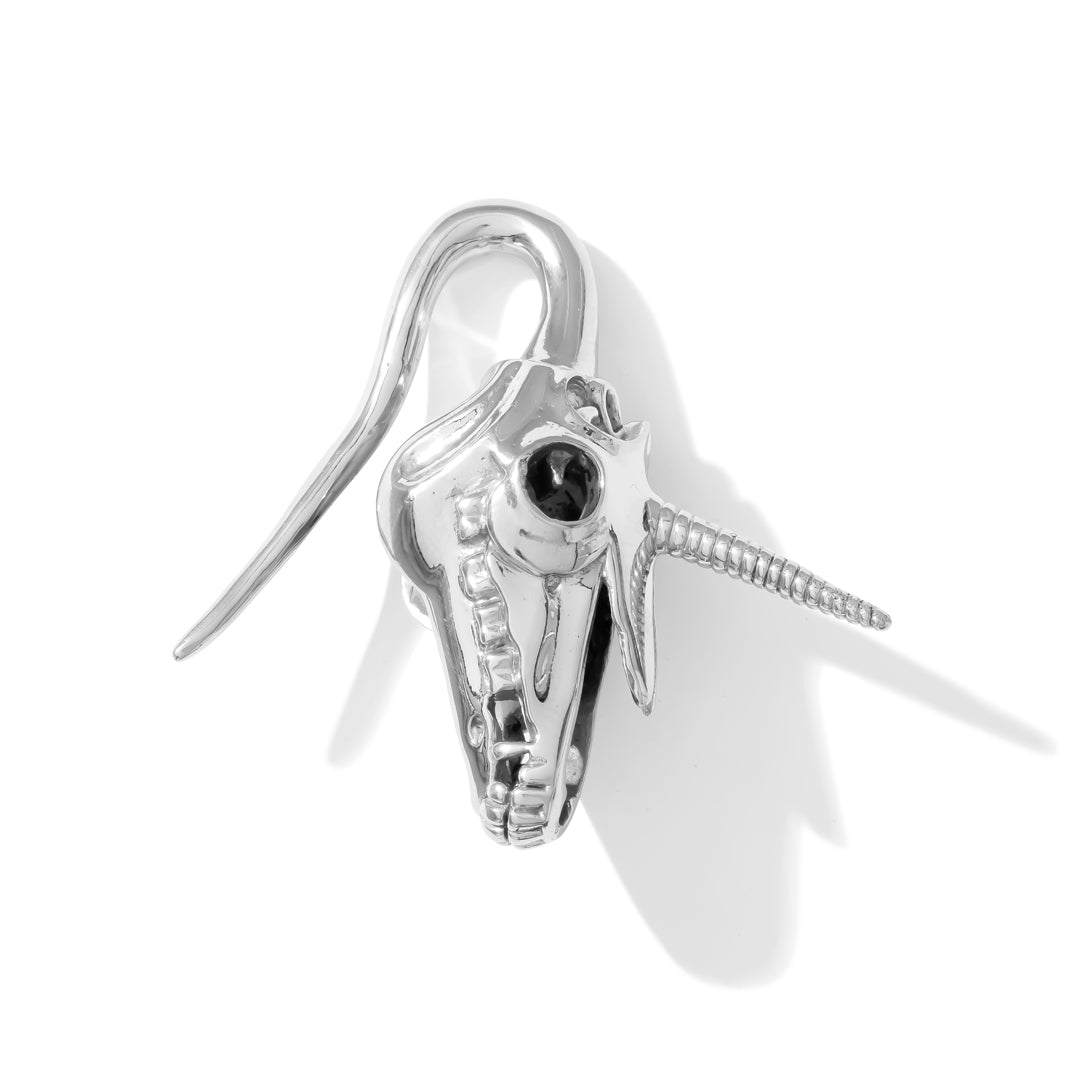 Sculpted unicorn skull hanging weight for stretched lobes handcrafted white brass TAWAPA
