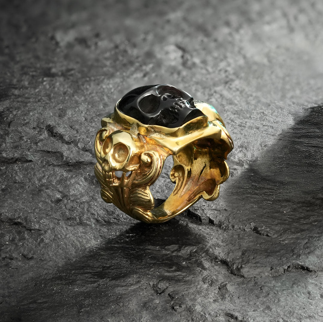 unique Carved Skull gold Ring in Horn, Bone, and Jasper
