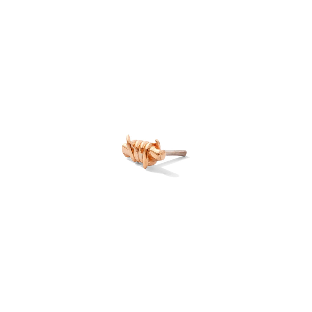 14k rose gold barb wire style threadless end on white background 3/4 view tawapa