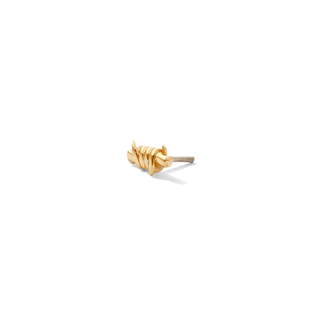 14k gold barb wire style threadless end on white background 3/4 view tawapa