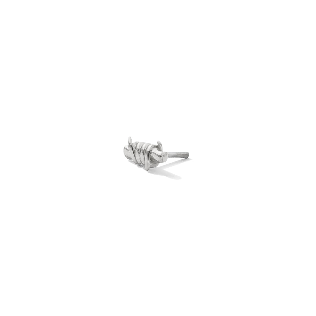 14k white gold barb wire style threadless end on white background 3/4 view tawapa