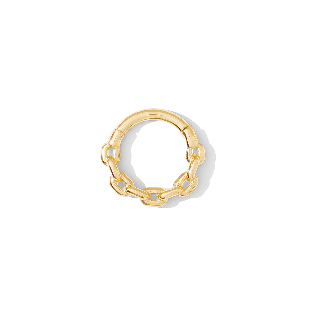 Chain Link Clicker in gold vermeil, front view showing round interlocking links, handcrafted by TAWAPA