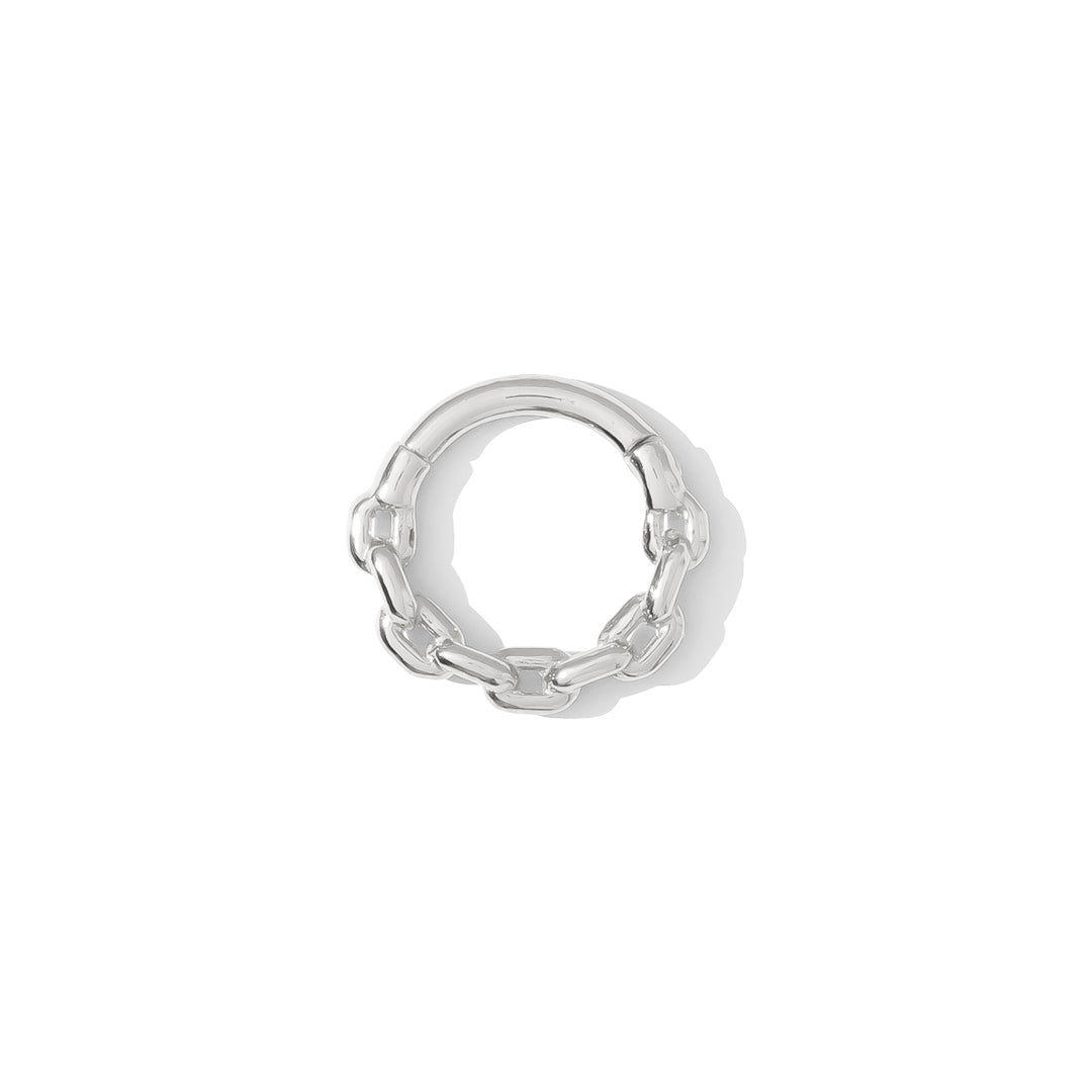 Chain Link Clicker in sterling silver, front view showing round interlocking links, handcrafted by TAWAPA