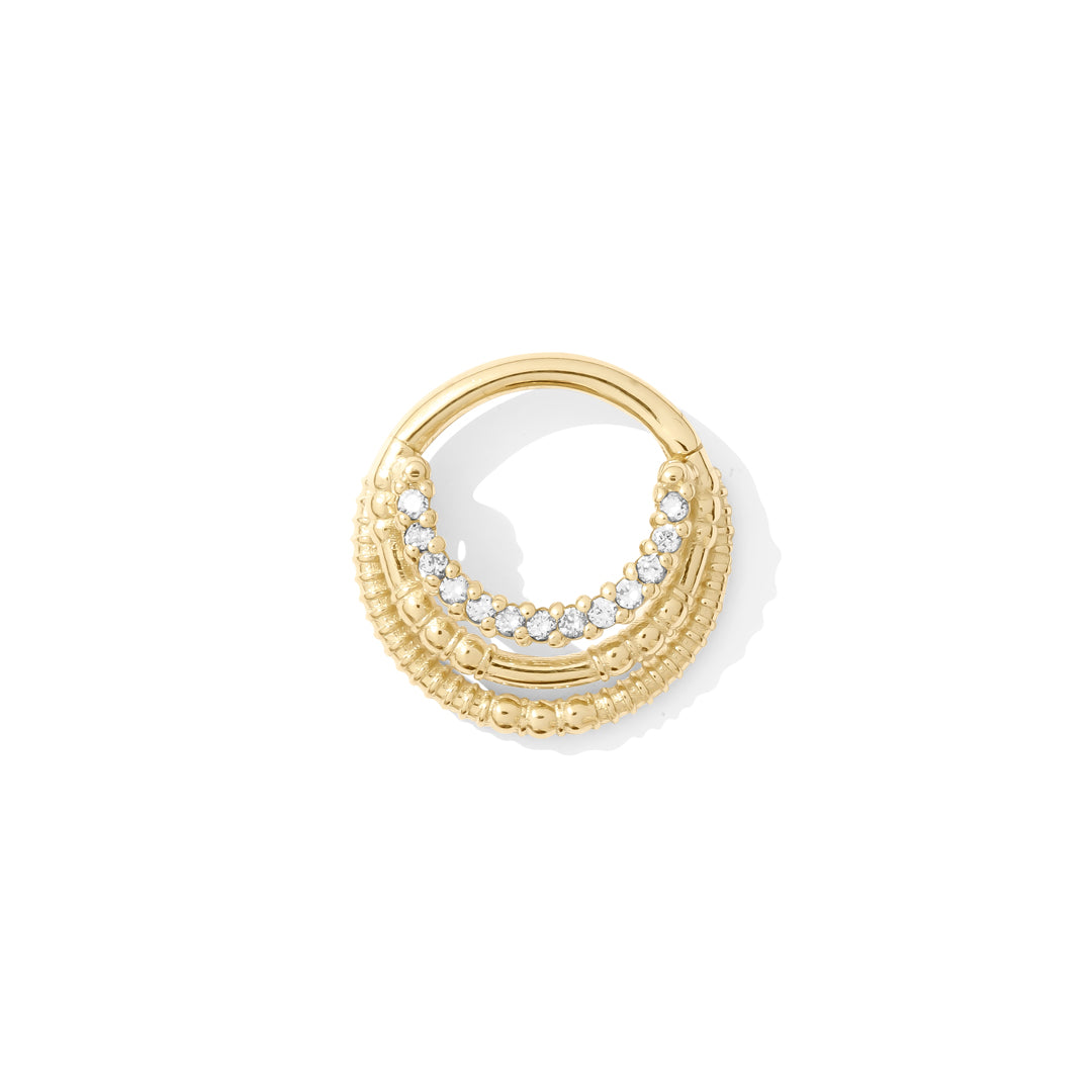 14k yellow gold Harmony Clicker with triple rings and 13 gemstones handcrafted TAWAPA septum jewelry full view
