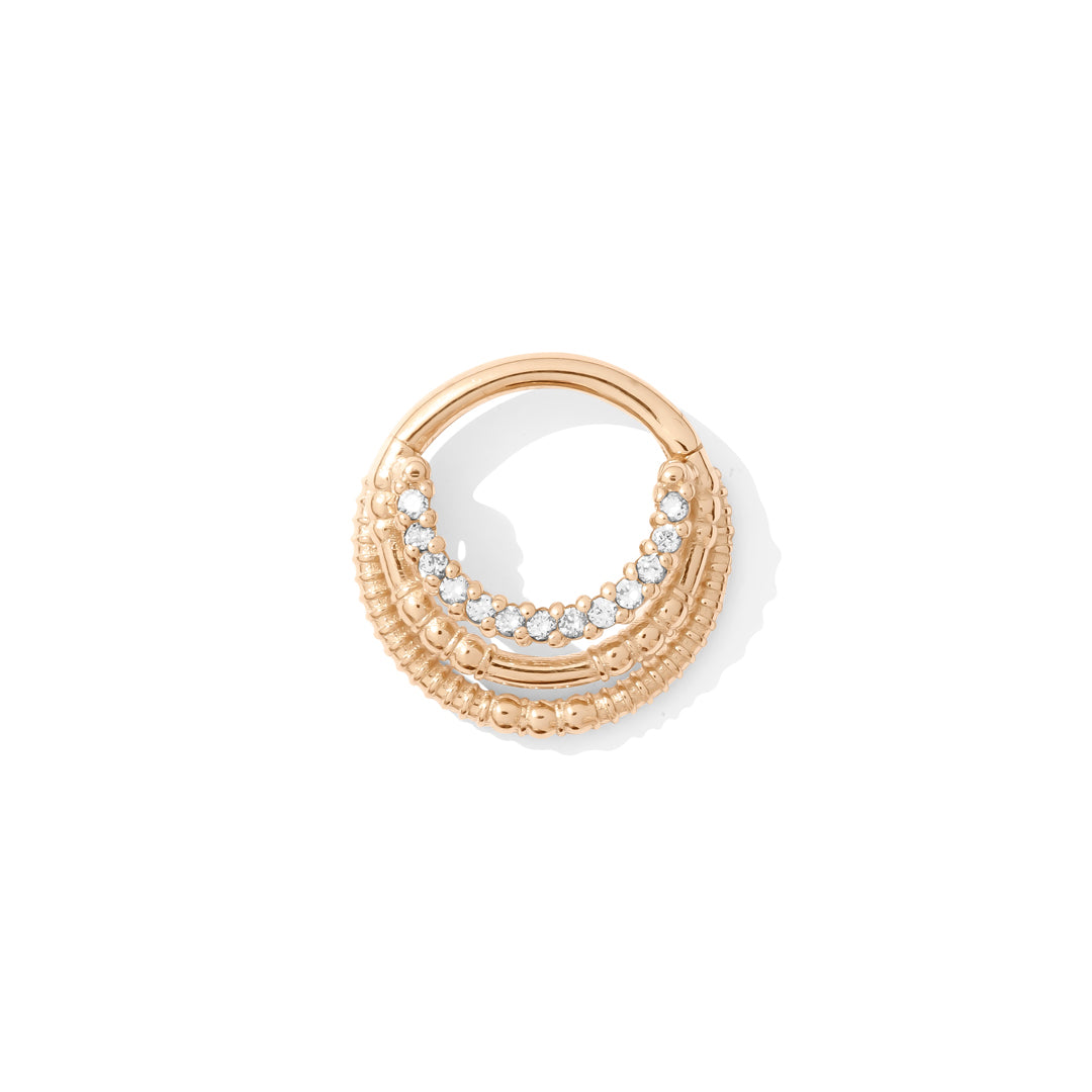 14k rose gold Harmony Clicker with triple rings and 13 gemstones handcrafted TAWAPA septum jewelry front view
