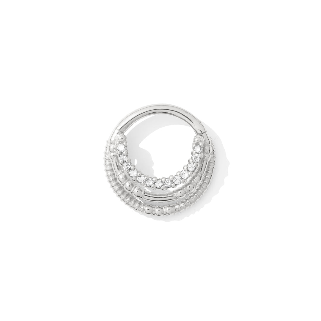 14k white gold Harmony Clicker with triple rings and 13 gemstones handcrafted TAWAPA septum jewelry front view