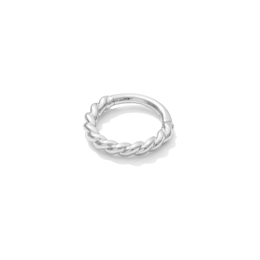 Luxury 14k white gold clicker earring with intricate rope twist design and high-shine finish.