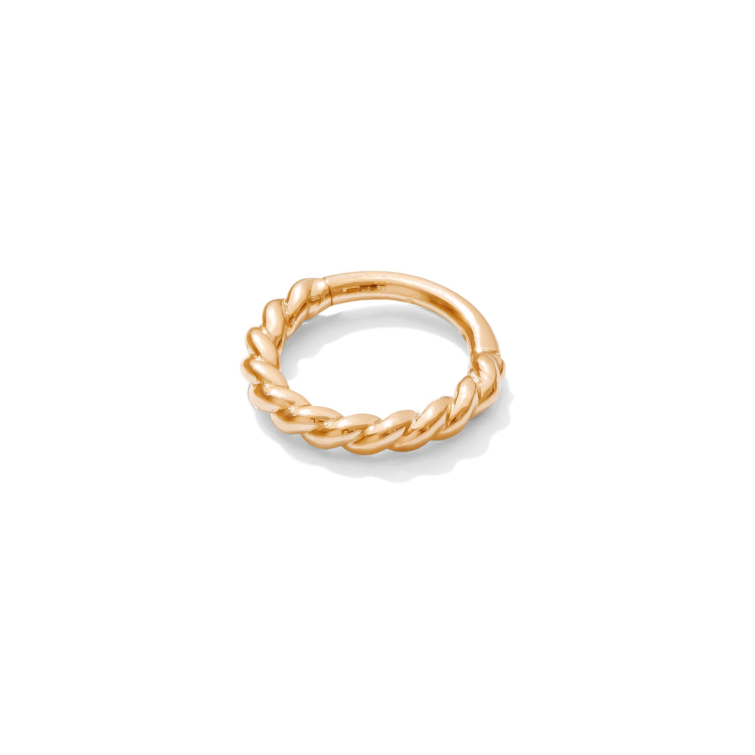 Luxury 14k gold clicker earring with intricate rope twist design and high shine finish.
