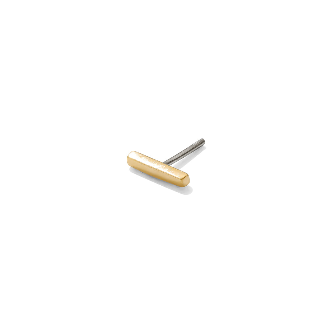14k Gold bar earring on a white background threadless end by tawapa