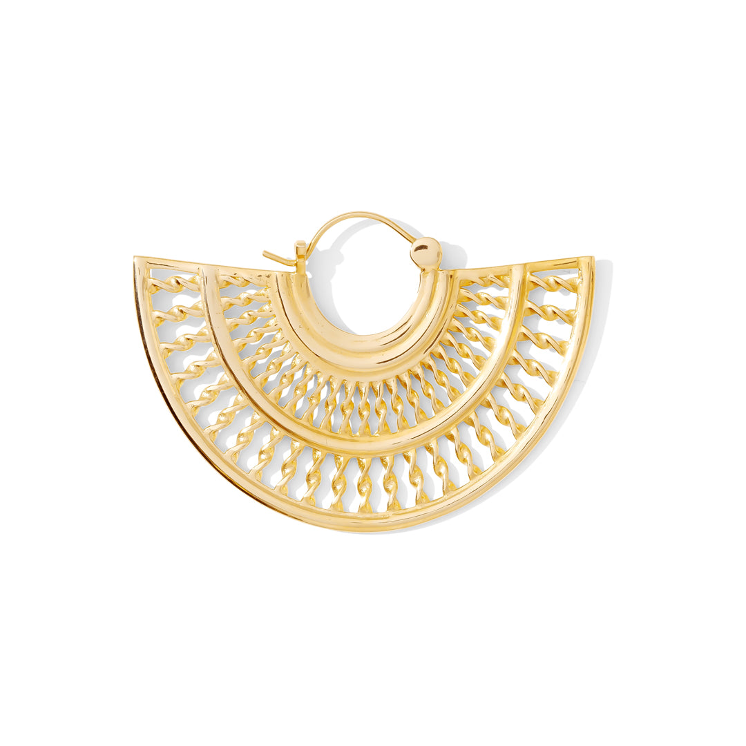 Modern sculptural earrings with sunburst-inspired pattern, perfect for lobe piercings or eyelets