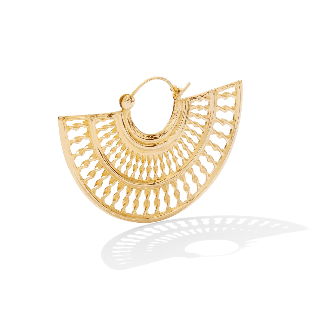 Striking half-circle earrings with dynamic radiating lines, handcrafted in brass with sterling silver clasp